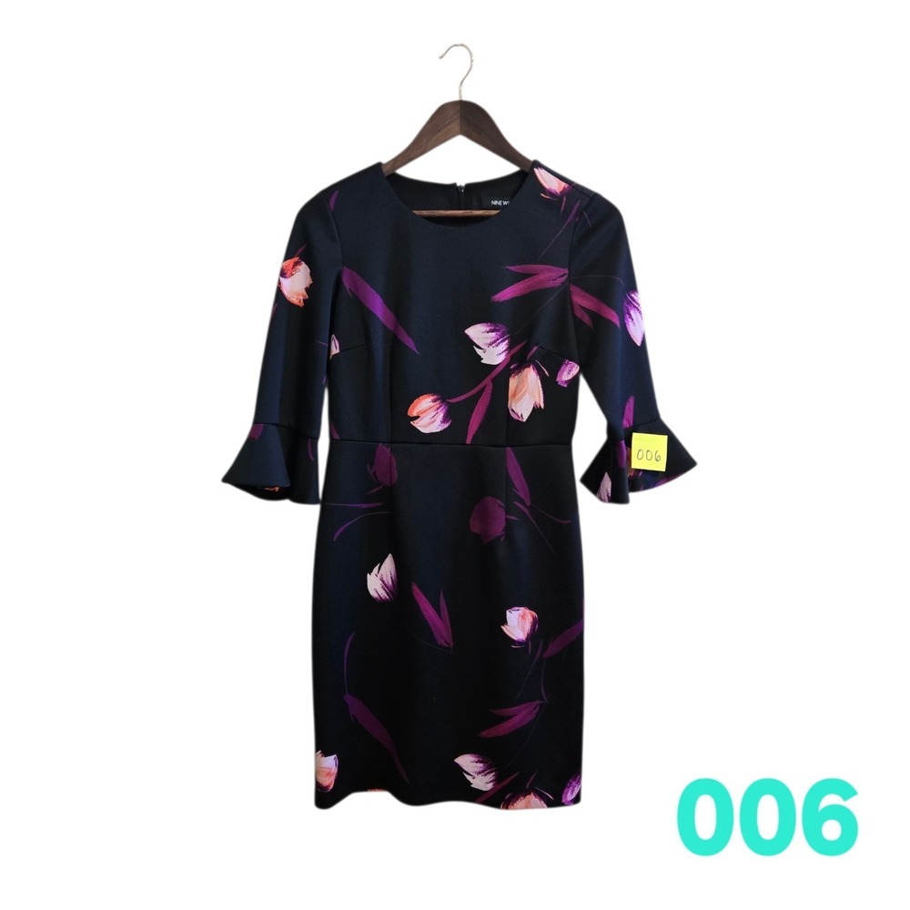 Nine West Floral Tulip Sheath Dress Black Purple Bell Sleeve‎ Ruffle Size 4
